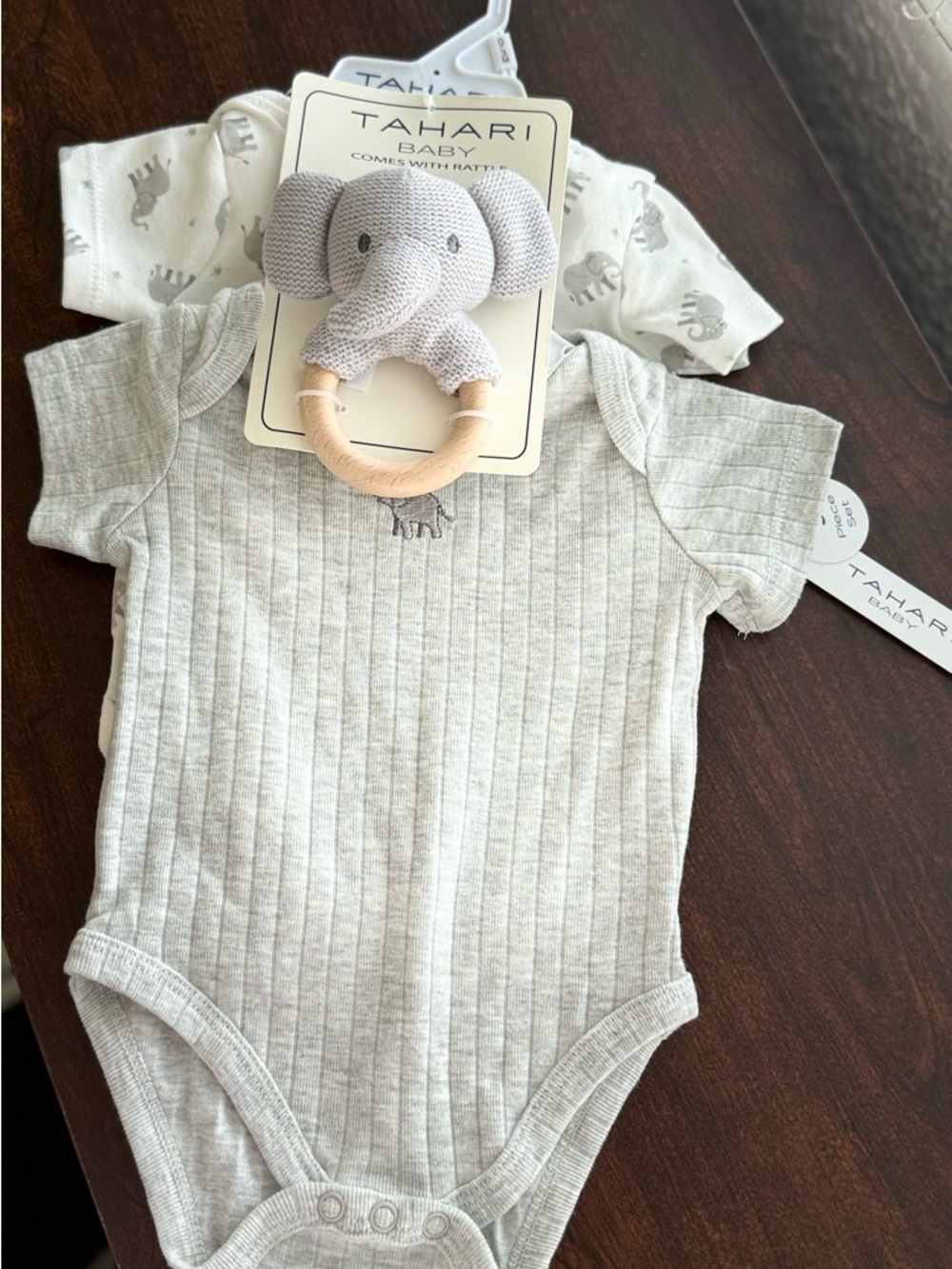 Tahari Baby 3-Piece Elephant Bodysuit Set w/ Rattle Size 0-3 Months NWT